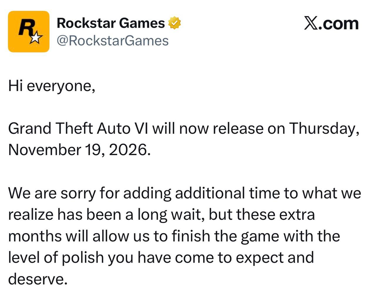 Rockstar Games перенесла релиз GTA 6 на 19 ноября 2026 года investingcorp