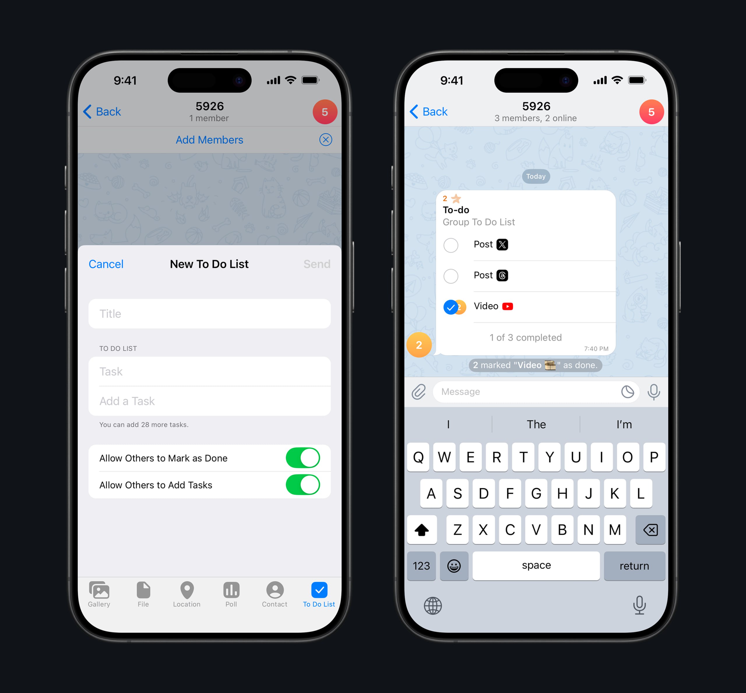 В Telegram появятся списки задач прямо в чатах. Новую функцию обнаружили в бета-версии мессенджера для iOS. Список до 30 пунктов можно будет создать как в личном чате, так и в группе — и работать над ним с другими пользователями. Вероятно, функция будет доступна только для пользователей с подпиской Premium.