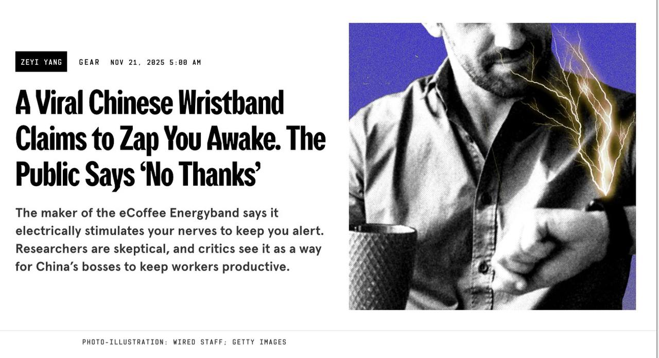 Инженеры из Китая заменили энергетики на умный браслет eCoffee Energyband он бьет владельца током для заряда бодрости Производитель утверждает что электроимпульсы разгоняют кровь и помогают держать мозг в тонусе Устал и устройство пускает разряд по телу За ошейник просят 130 10 тыс Не показываем начальникам