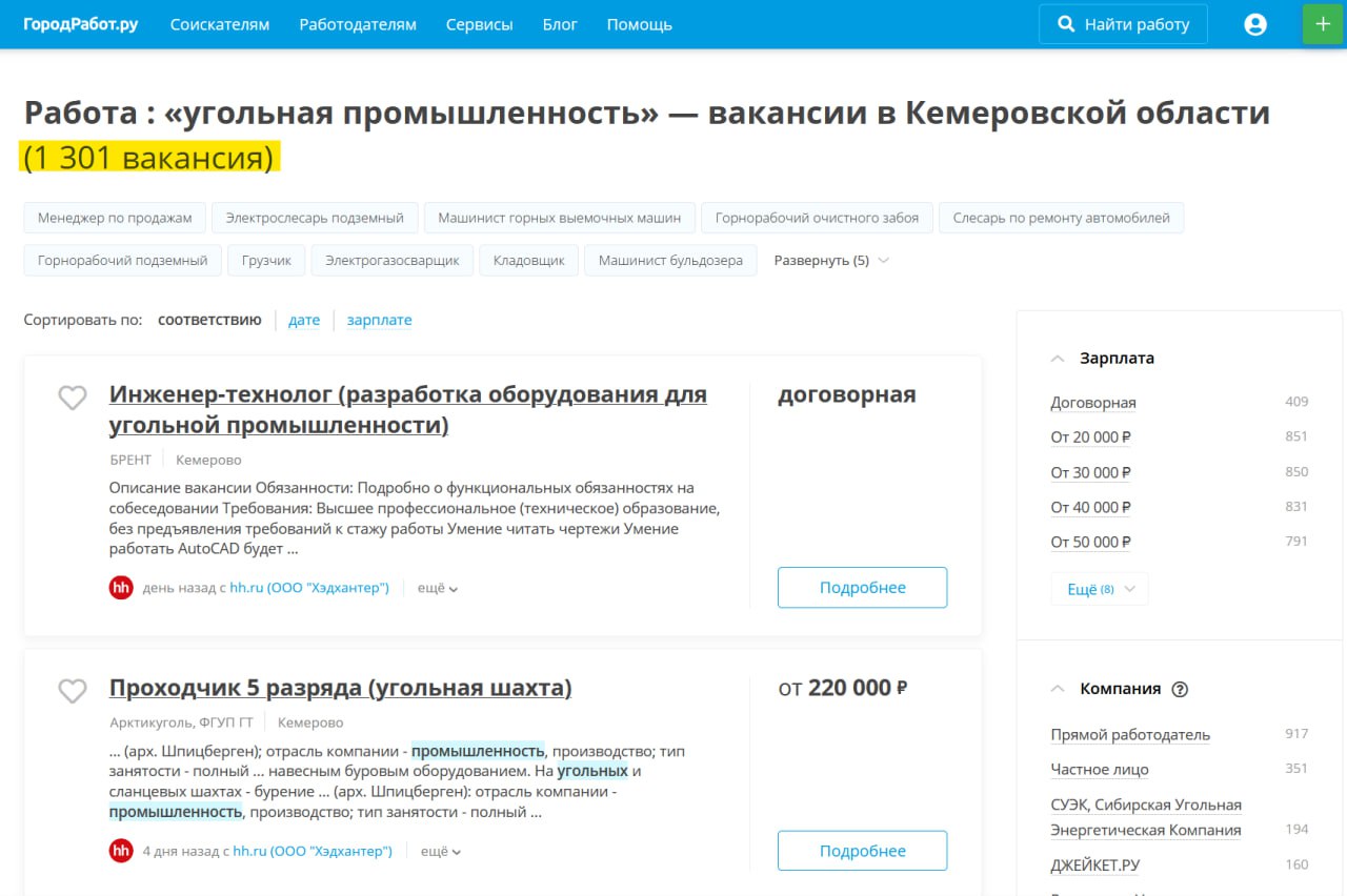 Кризисная риторика выходит из под контроля: в Кемеровской области "закрыли" все вакансии.   Издание "Постньюс" вышло с тревожным заголовком: "В Кузбассе доступной для трудоустройства осталась лишь одна шахта".   Логика простая: из-за сокращений на шахтах-банкротах горняки повалили на другие предприятия. Из-за переизбытка кадров "трудоустроиться в регионе теперь можно лишь на шахте имени В. Д. Ялевского". Это журналистам сообщили неназванные "горняки".   Заявление сильное, но только к реальному положению дел оно имеет мало отношения. Убедиться в этом можно открыв любой сайт с вакансиями. Угольщики ищут хорошие кадры и в Москве, и в Кемеровской области: от машинистов до генеральных директоров, от строителей до проходчиков. Что говорить, почти все вакансии, о которых мы писали в рамках специального цикла месяц назад, уже закрыты.     Coala