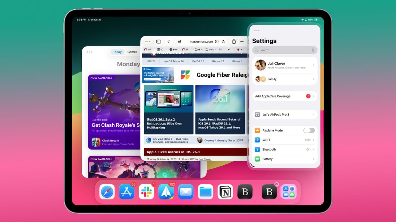 В iPadOS 26 1 beta 2 Apple вернула SlideOver Это та самая фича которая позволяла накладывать небольшое окно поверх остальных окон на iPad