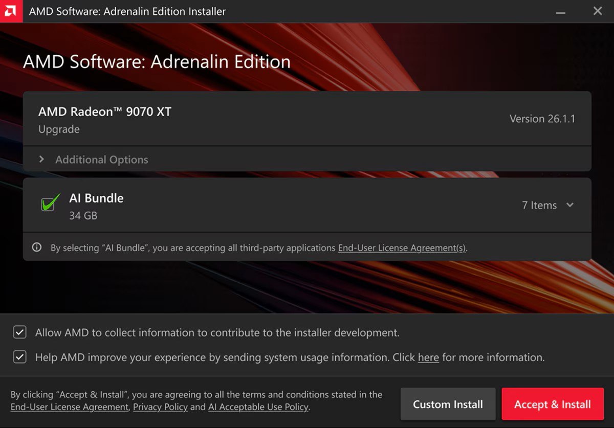 Самый тяжелый драйвер в мире свежий Adrenalin предлагает поставить AI Bundle на 34 ГБ Он включает в себя набор решений для быстрого запуска локальных нейросетей в него входят фреймворк PyTorch среда для запуска больших языковых моделей Ollama а также графические среды ComfyUI LM Studio и Amuse Появился такой AI Bundle в драйвере Adrenalin Edition 26 1 1 и к счастью пока что является опциональным Для его работы нужна карта Radeon RX 7000 или RX 9000 также подойдет чип линейки Ryzen AI 300 или AI 400 Мой Компьютер