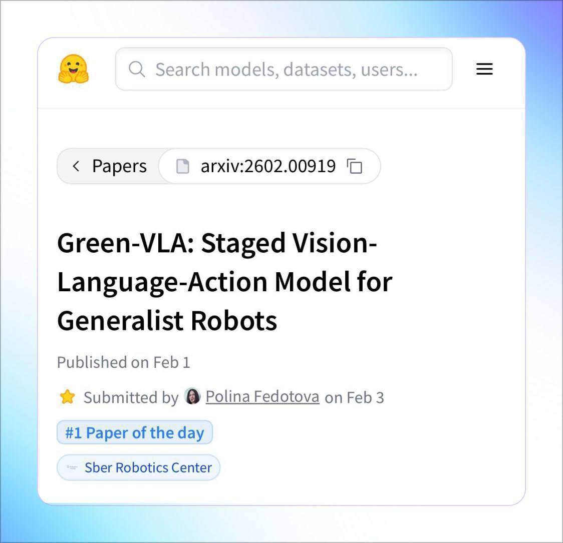 Робот Сбера проработал 10 часов без перерыва и попал в топы Hugging Face На конференции AI Journey робот Грин отработал полную смену без сбоев что для экспериментальных моделей редкость На основе этого кейса банк выложил Green VLA руководство как сделать физический ИИ надёжным VLA модели связывают вижу понимаю задачу и делаю Статья об этой технологии обогнала исследования китайских и американских вузов заняв первое место на главной площадке для ИИ разработчиков Илон Маск