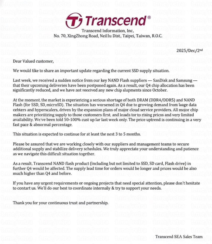 SSD накопителей станет МЕНЬШЕ Transcend сообщила что останавливает поставки из за кризиса памяти В официальном письме компания подтвердила что с октября не получает NAND чипы от SanDisk и Samsung Сейчас всё продают дата центрам для ИИ Из за дефицита сорвано производство SSD накопителей поэтому поставки перенесены на неопределённый срок PushEnter