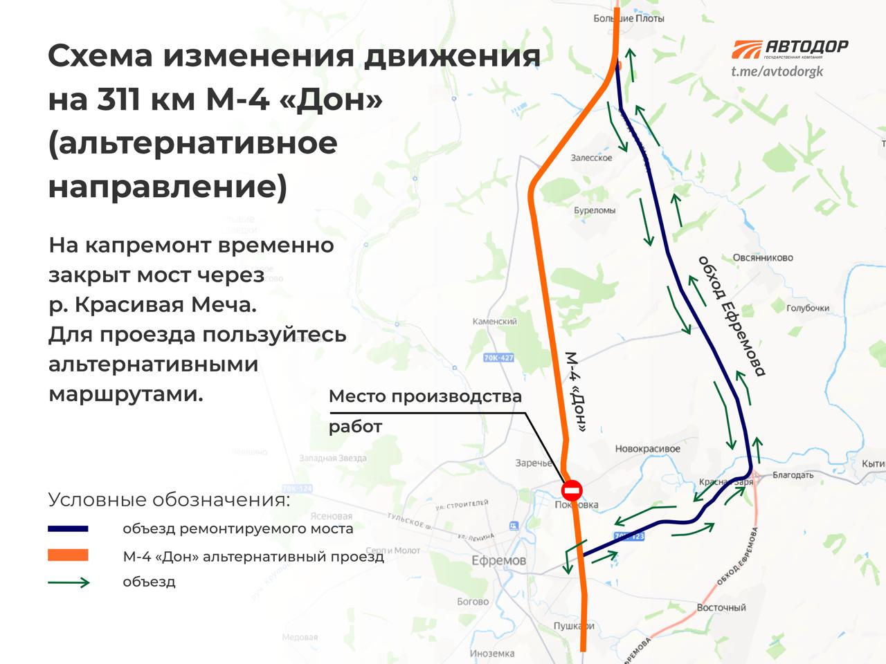 В Тульской области начинается капитальный ремонт моста через Красивую Мечу на альтернативе трассы М 4 Дон С 5 ноября 2025 года в Ефремовском районе Тульской области стартуют работы по капитальному ремонту моста через реку Красивая Меча на 311 км альтернативного направления федеральной трассы М 4 Дон Ремонт позволит обеспечить безопасность движения и продлить срок службы важного транспортного узла соединяющего север и юг региона Работы продлятся до конца 2027 года Ограничение движения по мосту введут с 5 ноября 2025 года На период ремонта движение транспорта будет организовано по альтернативным маршрутам через скоростной участок трассы М 4 без проезда через пункт взимания платы и по региональной дороге Рязань Ряжск Ефремов На всём протяжении маршрута установят указатели и информационные стенды которые помогут автомобилистам безопасно выбрать маршрут Для жителей деревни Покровка и близлежащих населённых пунктов предусмотрены удобные транспортные решения движение автобусов будет организовано с остановок Элеватор и Чернятино Также построен пешеходный мост чтобы местные жители могли безопасно добираться до остановок и социально значимых объектов Капитальный ремонт моста через Красивую Мечу это необходимая мера для обеспечения безопасности и надежности транспортной сети региона Подписывайтесь и следите за новостями