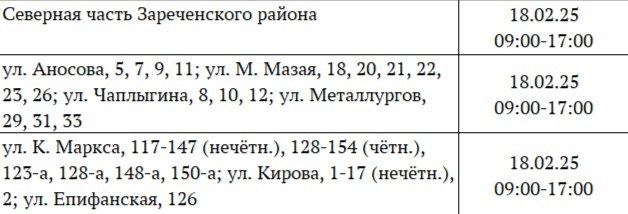 Отключения электроэнергии сегодня состоится по следующим адресам:    «Тула №1. Заречье»