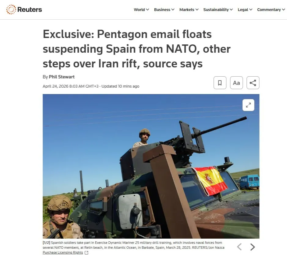 Испанию хотят изгнать из НАТО Такое решение совершенно серьезно обсуждают в Пентагоне Страна отказалась помогать Штатам в войне против Ирана вот США и обиделись Такие меры должны послать четкий сигнал союзникам по НАТО их цель ослабить ощущение привилегированности у европейцев пишет Reuters Помимо Испании козлом отпущения намерены сделать и Великобританию Вашингтон собирается пересмотреть свою позицию по имперским претензиям Британии на Фолклендские острова   Подпишитесь на Абзац в Максе