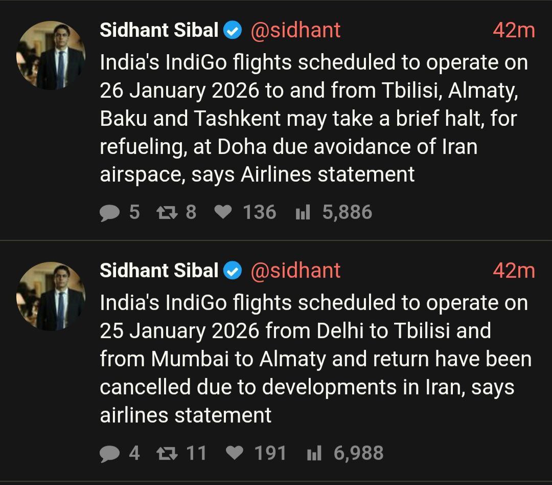 Индийская авиакомпания Indigo объявила в заявлении что в ближайшие несколько дней они будут перенаправлять свои рейсы чтобы избежать воздушного пространства Ирана