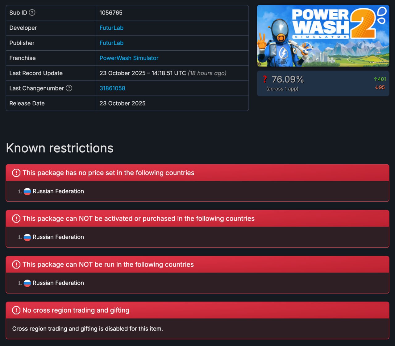 Powerwash Simulator 2 запретили запускать из России кажется это первая игра в Steam с подобными ограничениями Чаще всего на площадке запрещают только покупать игры с российских аккаунтов Эта проблема легко обходится сменой региона Среди последних релизов блок по IP встречается только у этой игры Нас оставили без медитативного симулятора уборщика Надеемся другие издатели не последуют примеру