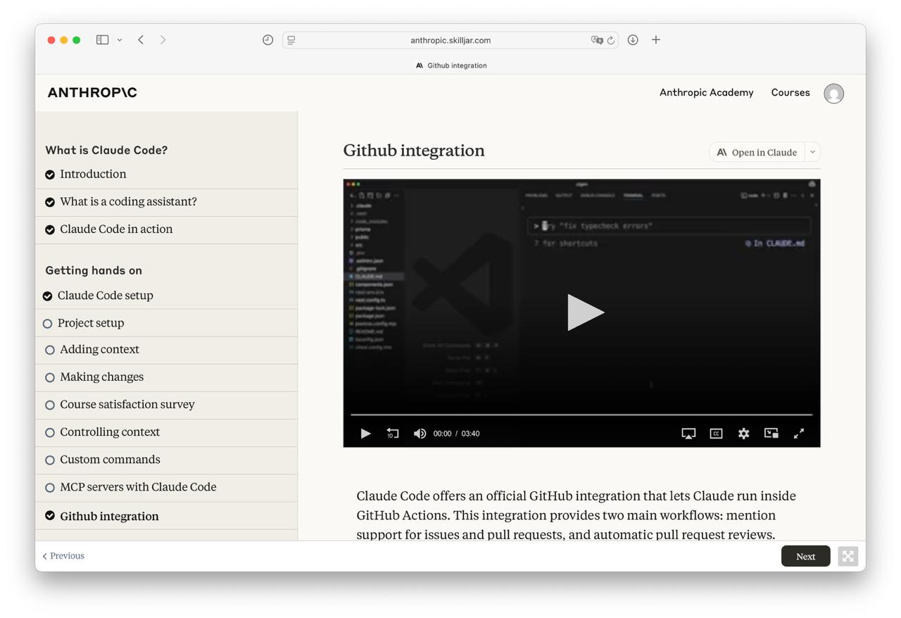 Вышел бесплатный курс по Claude Code это подробный гайд о том как выжать максимум из ИИ агента для написания кода Рассказывают как Пользоваться горячими клавишами и создавать свои команды для ускорения повторяющихся процессов Эффективно управлять контекстом Использовать ключевые инструменты Claude Code для обработки файлов выполнения команд и анализа кода Настроить интеграцию с GitHub для автоматизации проверки кода Всего 15 лекций ролики общей длительностью 1 час и квиз для закрепления материала Можно пройти за пару часов Забираем по ссылке