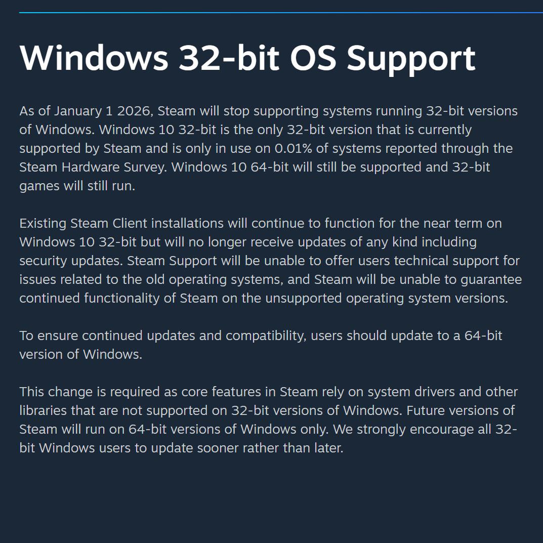 Steam откажется от поддержки 32 разрядных версий Windows с 1 января 2026 года По последнему опросу всего 0 01 пользователей Steam обладают такой системой поэтому было принято решение отказаться от поддержки Игры которые поддерживают эту версию Windows всё ещё будут работать Сам клиент будет работать нестабильно и не будет получать обновления безопасности поэтому всем пользователям рекомендуют перейти на 64 разрядную версию Windows Где то этой новости радуется один Рэнди Питчфорд