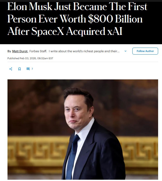 Илон Маск первый человек в истории состояние которого превысило 800 млрд следует из глобального рейтинга Forbes Real Time Billionaires Он разбогател после сделки по слиянию SpaceX и xAI которая оценила объединенную компанию в 1 25 трлн Маску осталось не так много чтобы стать первым в мире триллионером отмечает американский Forbes jkinvest news jkinvest