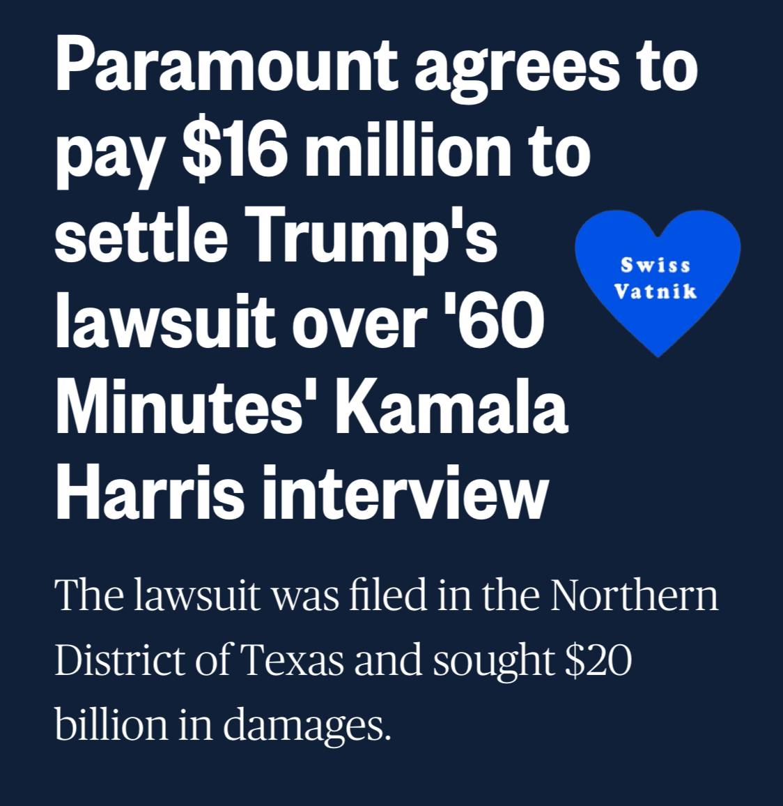 Компания «CBS Paramount» выплатит шестнадцать миллионов долларов по иску Дональда Трампа из-за интервью CBS с Камалой Харрис.   Представители «CBS Paramount» заявили, что деньги пойдут не на личный счет Дональда Трампа в банке, а будут направлены на будущую президентскую библиотеку 47-го Президента США. А еще, представители «CBS Paramount» ехидно добавили, что досудебное соглашение с адвокатами Трампа не включает в себя личных извинений или выражения сожаления за содеянное. Хотя Трамп уже направо и налево хвастается своей очередной победой над «лживыми СМИ».   Тем кто подзабыл эту громкую историю с интервью Камалы Харрис, о которой сейчас никто и не вспомнит  хотя она собиралась возглавить Америку на ближайшие четыре года , напомню   Дональд Трамп подал иск на 10 миллиардов долларов, обвинив «CBS Paramount» в том, что интервью с Камалом Харрис было намеренно смонтировано телекомпанией таким образом, чтобы «склонить чашу весов в пользу Демократической партии» на президентских выборах. Затем Трамп вошел во вкус и сумма иска к «CBS Paramount» была увеличена до двадцати миллиардов долларов.   Согласно документам, поданным в федеральный суд штата Техас, «CBS Paramount» показала две версии интервью, в которых Камала Харрис, дает разные ответы на один и тот же вопрос о войне между Израилем и ХАМАС. В итоге, сумма первоначальных претензий с двадцати миллиардов у меньшилась до шестнадцати миллионов и ехидной ремарки - мы не намерены извиняться, но как говорится, с паршивой овцы хоть шерсти клок!    подпишись