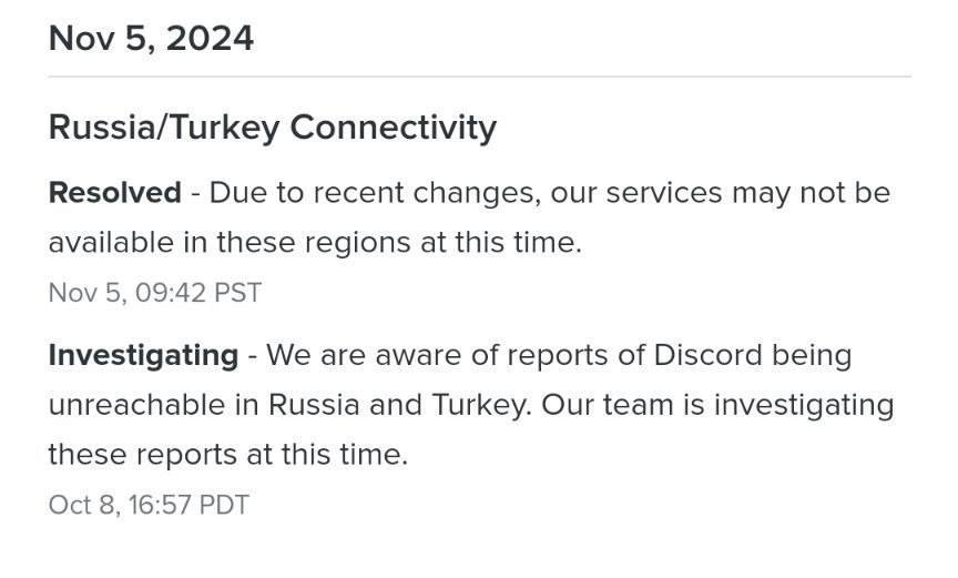 Команда Discord провела обещанное «расследование» по поводу того, что сервис недоступен в России, и опубликовала результаты. Ответ убил:  Из-за недавних изменений услуги Discord могут быть недоступны в этих регионах в настоящее время.  Спасибо, дура.