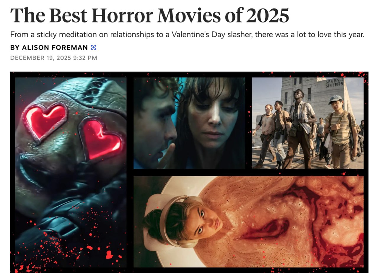 Топ 10 хорроров 2025 IndieWire выпустили подборку самых страшных фильмов прошедшего года Орудия Грешники Пункт назначения Узы крови 28 лет спустя Долгая прогулка Гадкая сестра Влюбленные глаза Одно целое Тихая ночь смертельная ночь Я знаю что вы сделали прошлым летом Сохраняем и готовимся пугаться на долгих зимних вечерах