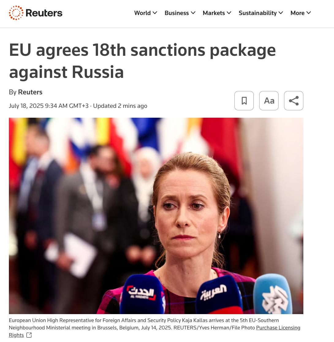 ЕС опустил «потолок» цен на российскую нефть  Евросоюз согласовал новый пакет санкций против России, сообщила глава европейской дипломатии Кая Каллас.   Европейские страны согласились ограничить «потолок» цен на нефть до 47,6 доллара за баррель.  По словам Каллас, Евросоюз и дальше намерен «повышать цену» ведения войны для России.    Крем -   Наш VPN