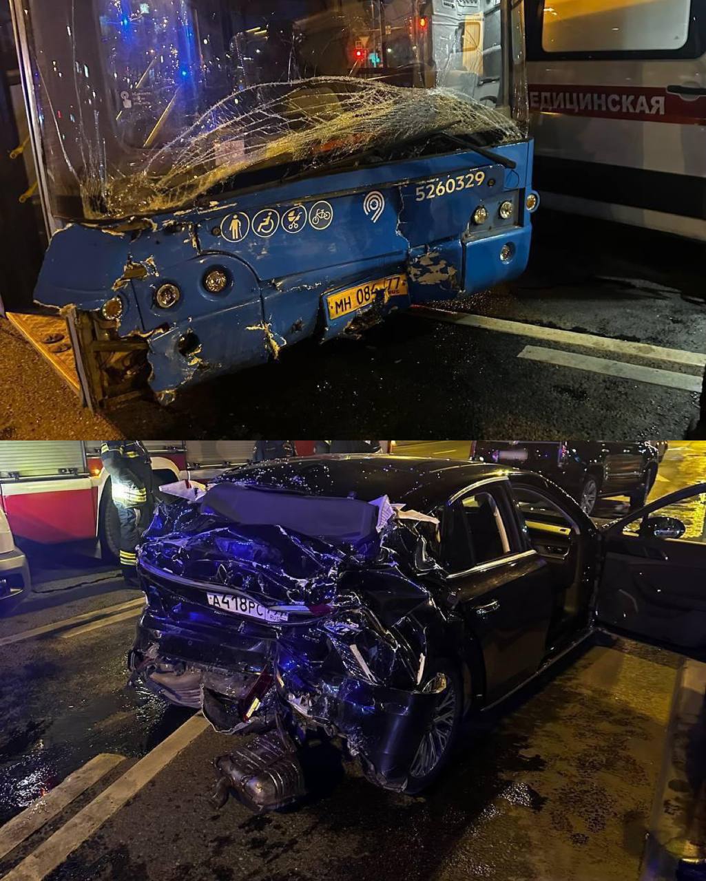 На юге Москвы автобус протаранил бизнес-такси. 15 мая в 02:20 ночи на пересечении Варшавского шоссе и Сумской улицы пассажирский автобус врезался в стоявшее на светофоре бизнес-такси Hongqi. На кадрах видно, как автобус таранит легковушку и протаскиевает ее вперед через перекресток. Виновник аварии «едва говорил по-русски» и никак не помог потерпевшим: скорую вызвали сотрудники Росгвардии. По словам девушки, медики зафиксировали у нее сотрясение мозга и предложили ей госпитализацию в нейрохирургию, однако она отказалась: «Меня протащил городской автобус, я могла погибнуть. И это может остаться безнаказанным. Я ехала в такси на заднем ряду сидений, пристегнутая, когда ехавший с огромной скоростью городской автобус не сбавляя обороты врезался в наш автомобиль. Заднюю часть машины буквально разорвало, но при этом в машине даже не сработали подушки безопасности. И я, и водитель такси мы оба потеряли сознание, а у водителя еще и рванная рана головы, его госпитализировали, а утром ему сделали операцию, он остается в больнице», – рассказала потерпевшая. В департаменте транспорта рассказали, что авария случилась с автобусом 751 маршрута коммерческого перевозчика ООО «Таксомоторный парк №20»: «Автобус следовал в парк без пассажиров, водитель не пострадал. По предварительной информации, результате ДТП незначительные травмы получили водитель и пассажир автомобиля, им оказана необходимая медицинская помощь. В ситуации разбирается Госавтоинспекция». Сейчас девушка опасается, что виновник аварии может избежать наказания: «В ДПС сказали, что вопрос о возбуждении уголовного дела может рассматриваться только после проведения ряда экспертиз, а это может занять пару месяцев», – добавила девушка. ЧП / Москва