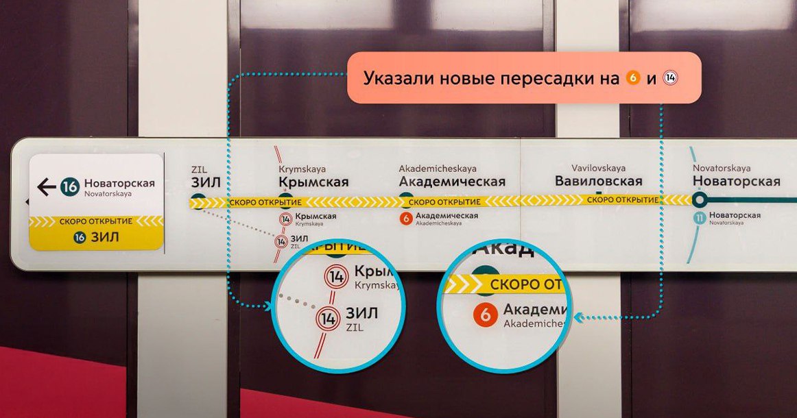 Открытие близко: в метро появилась навигация с новыми станциями Троицкой линии Москвичи, живущие в районах уже открытых станций Троицкой линии, ждут ее продления к центру еще с прошлого года. И вот добрый знак к скорому открытию: в навигации метро появились четыре заветных слова — «Академическая», «Вавиловская», «Крымская» и «ЗИЛ». Дептранс сообщает, что в ближайшее время обновит указатели на трех линиях: помимо Троицкой еще на Калужско-Рижской и МЦК. На оранжевую линию с изумрудной можно будет пересесть на «Академической», а на МЦК — на «Крымской» и «ЗИЛ». Обновление затронет 700 навигационных элементов. На некоторых станциях уже появились новые лайтбоксы, но с желтой наклейкой, сообщающей, что станции пока не открыты. Запуск ожидается к Дню города. Технический пуск станций с участием Собянина состоялся в июне. Пока мы все ждем открытия, можно посмотреть на фотографии почти готовых станций «ЗИЛ» и «Вавиловская», а также «Крымской» и «Академической», опубликованных Сергеем Собяниным.