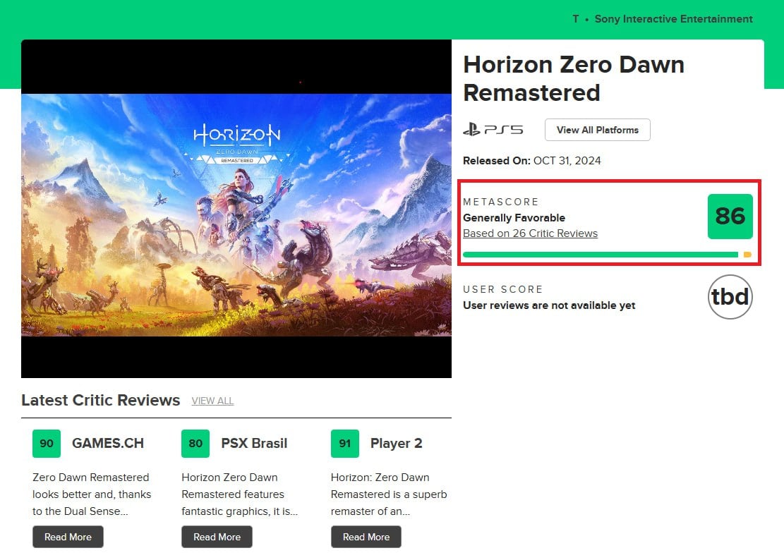 Западные СМИ назвали Horizon Zero Dawn: Remastered одним из лучших в своем жанре.  Средняя оценка на Metacritic составляет 86 баллов из 100 на основе 26 обзоров.  Журналисты отмечают работу Nixxes Software, подчеркивая улучшенное качество графики, звука, освещения и моделей персонажей, и описывают ремастер как новое дыхание для игры.  Владельцы оригинальной версии могут обновиться за 350 лир  $10 . Релиз состоится 31 октября в полночь по московскому времени.