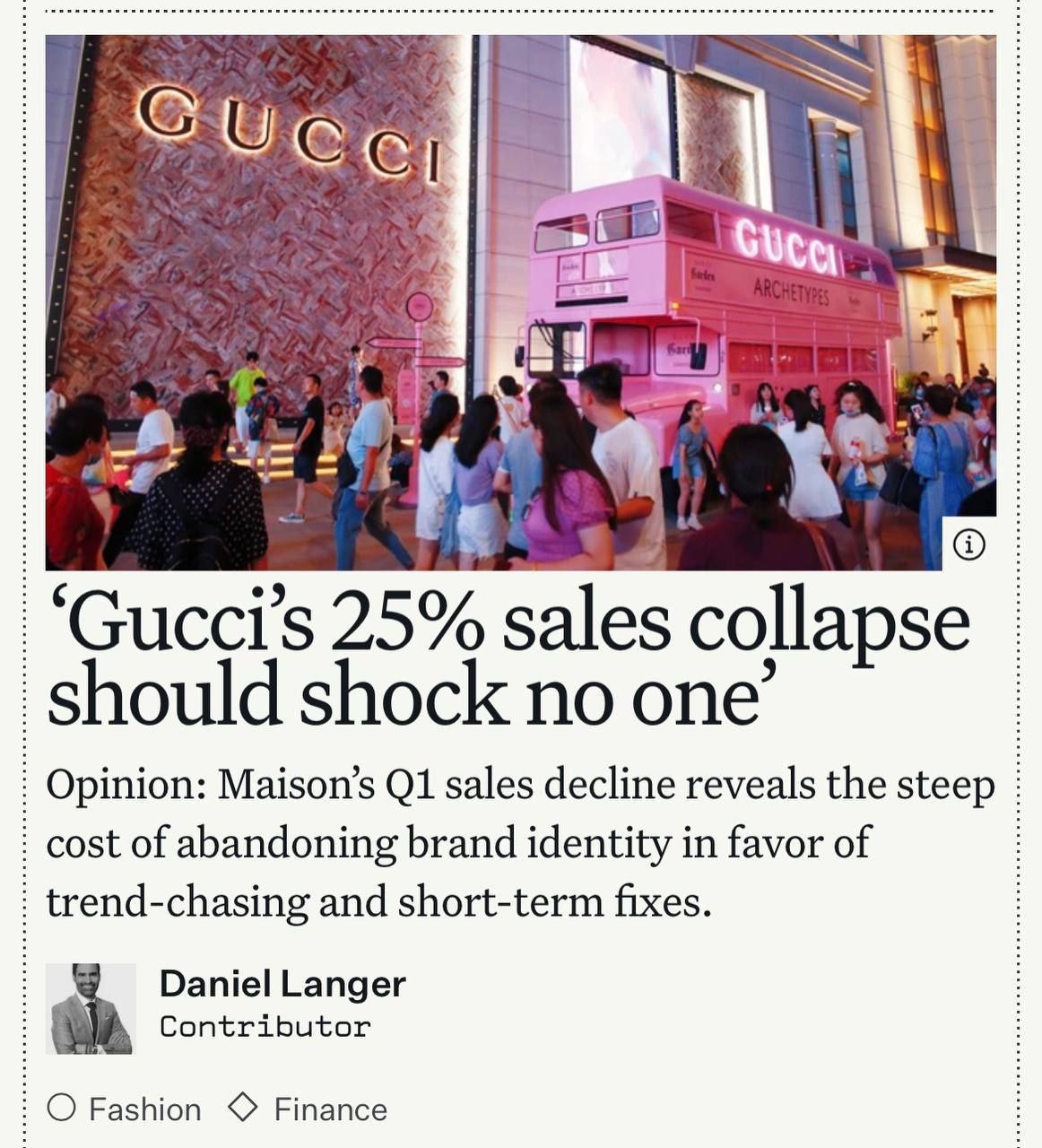 Продажи Gucci упали на 25% по итогам первого квартала года. Из-за этого акции материнского конгломерата Kering упали на 3,5%. Причины — опасение рецессии, тарифы Трампа и сдвиг потребительских предпочтений. Вместо эклектики Gucci молодёжь всё чаще выбирает Miu Miu и Loewe. Бизнес Подписаться
