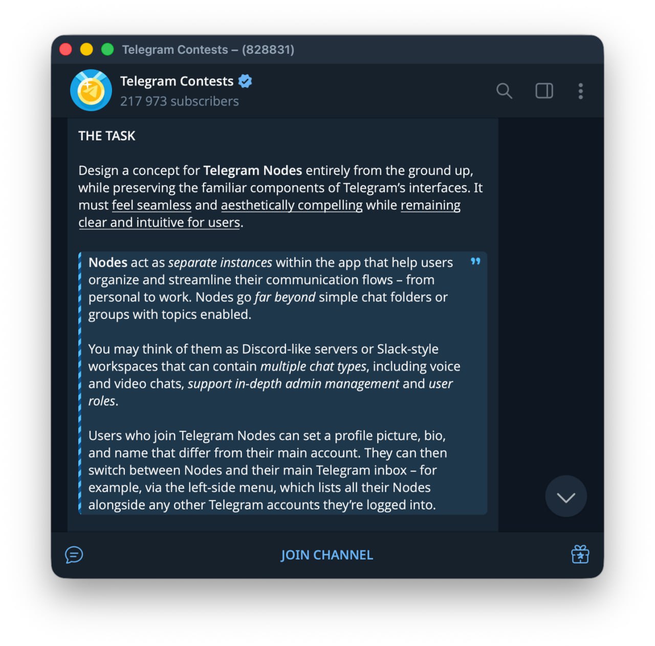 Telegram превратится в Discord для мессенджера готовят новую фичу под названием Nodes Ноды будут напоминать что то среднее между серверами в Discord и воркспейсами в Slack По ним можно будет раскидать личные и рабочие каналы Для каждого можно завести отдельный профиль и переключаться через обычное меню Про сроки запуска не говорят Пока идет конкурс на лучший дизайн Nodes с призовым фондом 50 тыс