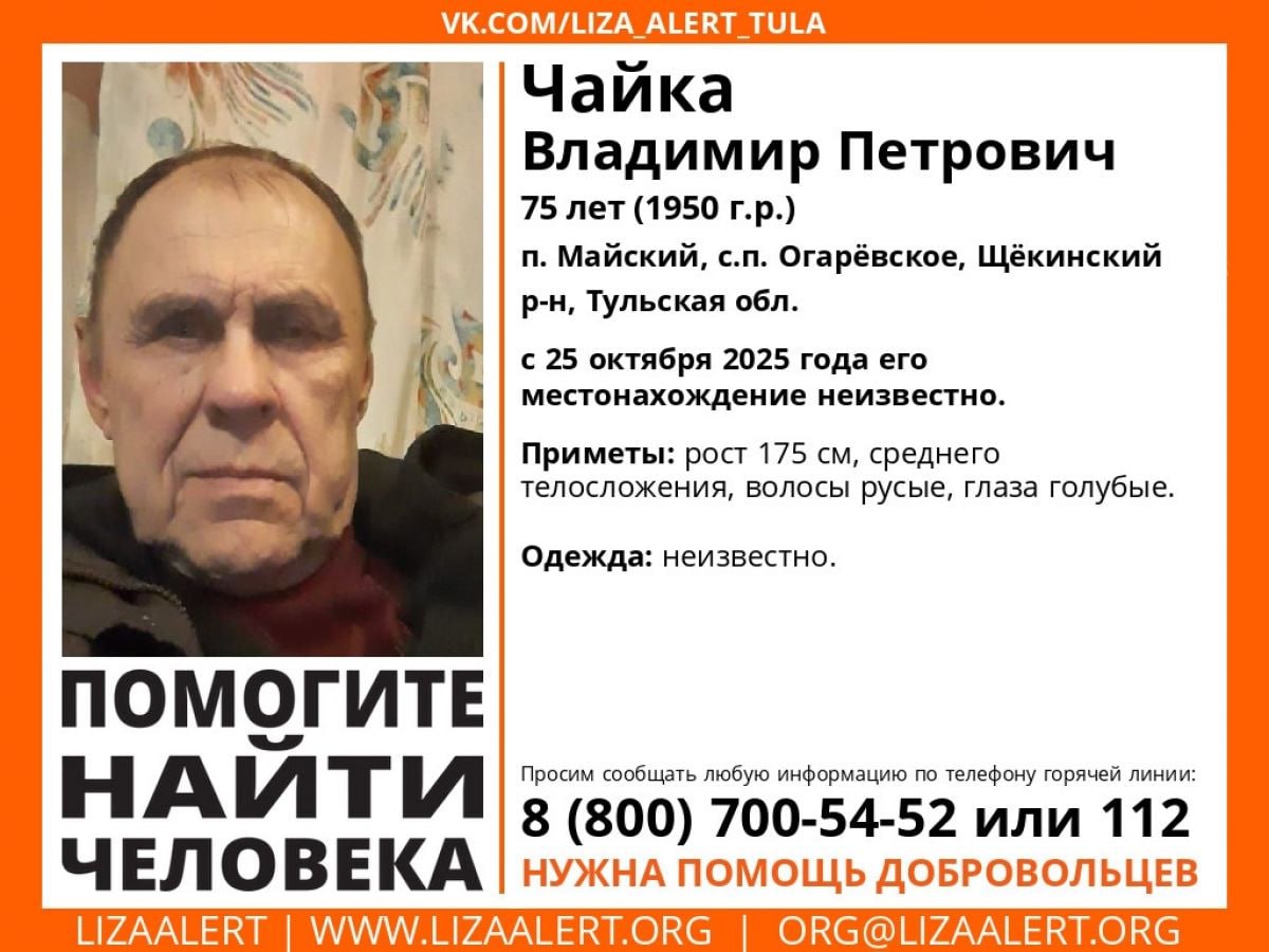 Внимание розыск в Щекинском районе пропал 75 летний Владимир Чайка Поисковый отряд ЛизаАлерт Тульской области объявил о розыске Пропал 75 летний Владимир Петрович Чайка Его местоположение не известно с 25 октября Мужчина пропал в Щекинском районе Его рост 175 см телосложение среднее волосы русые У него голубые глаза Поисковики просят сообщать любую информацию о его местонахождении Звонить можно по телефонам 8 800 700 54 52 или 112 1  2   Подпишись на новости