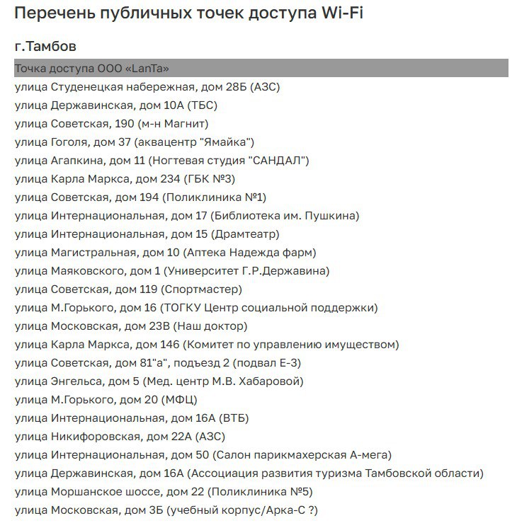 На фоне перебоев с мобильным интернетом тамбовский Департамент цифрового развития составил перечень публичных точек доступа Wi-Fi в Тамбове, Котовске и Рассказове. Публикуем этот список, вдруг вам пригодится. Поручиться за то, что все эти точки работают, не можем — не проверяли. P. S. Теперь знаем, что Ви-Фи есть в «Доме ужасов» в Горсаду