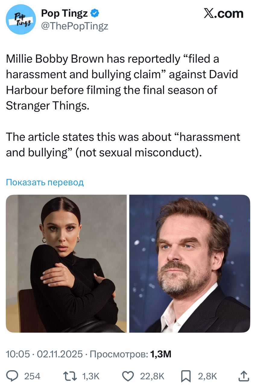 Милли Бобби Браун обвинила своего коллегу по сериалу Очень странные дела Дэвида Харбора в издевательствах и домогательствах Жалоба была подана ещё до начала съёмок в финальном сезоне сериала но результатов расследования пока не раскрывают В источниках указывается что речь идёт о домогательствах и харассменте но не о сексуальном насилии