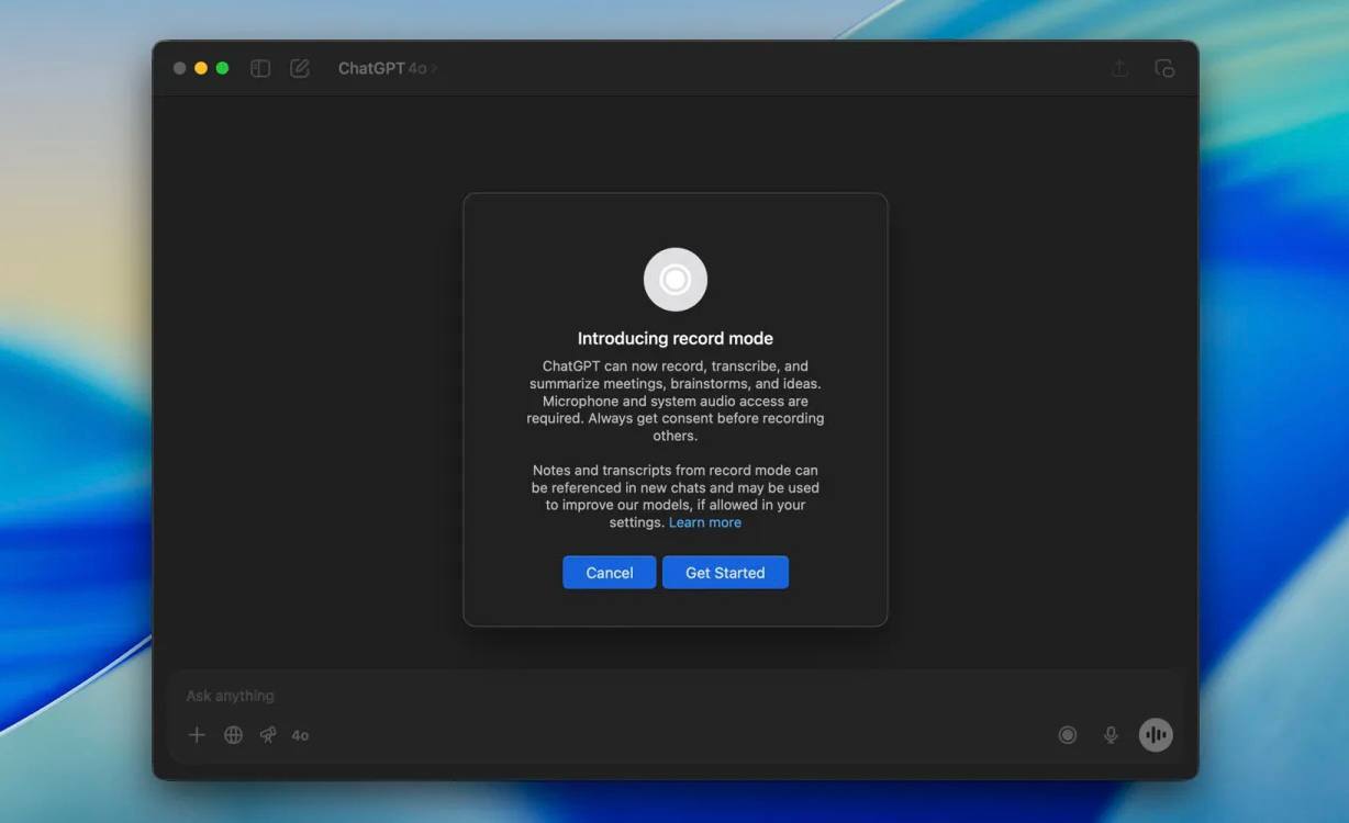 ChatGPT для Mac получил функцию Record Mode для записи голоса и перевода его в текст • Функция доступна только пользователям с платной подпиской.