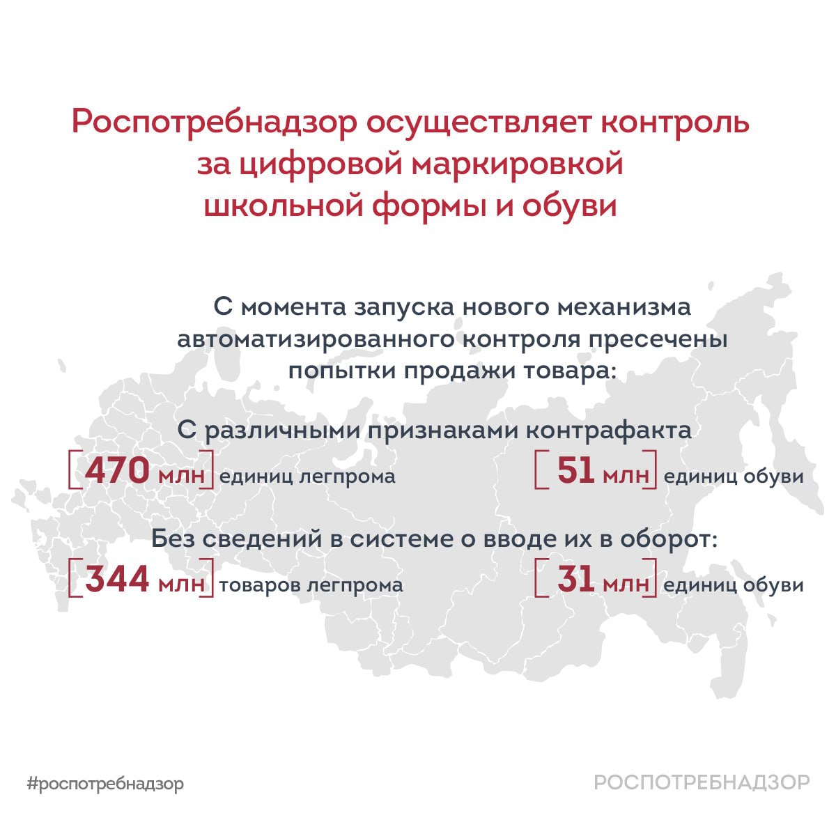 Роспотребнадзор VK Роспотребнадзор призывает родителей проверять маркировку при выборе школьной формы и обуви Это можно сделать через мобильное приложение Честный ЗНАК С его помощью у потребителей есть возможность узнать о производителе месте изготовления составе товара и документах о соответствии Подробности о том как им пользоваться читайте по ссылке rospotrebnadzor ru about info   Родители при дистанционных покупках тщательно проверяйте школьную форму и обувь в момент получения Роспотребнадзор осуществляет контроль за цифровой маркировкой на регулярной основе отслеживая регистрируемые системой отклонения С ноября 2024 года утверждены по 4   индикатора риска для лёгкой промышленности и для обуви чтобы выявлять нелегальную продукцию в обороте Ведомство также принимает сигналы от граждан и организаций о продаже немаркированных товаров С 1 ноября 2024 года через кассы были предотвращены попытки реализации сотен миллионов единиц товаров лёгкой промышленности и обуви   С различными признаками контрафакта 470 млн изделий легпрома 51 млн обуви   Без сведений в системе о вводе их в оборот 344 млн товаров легпрома 31 млн обуви   Попытки повторной реализации товаров