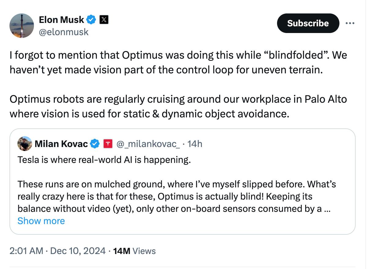 Optimus научился ходить по пересеченной местности  Я забыл упомянуть, что Optimus гулял с «завязанными глазами». Мы еще не обучали ходить по неровной местности.  Роботы Optimus регулярно курсируют по нашему рабочему месту в Пало-Альто, где  машинное зрение используется для обхода статических и динамических объектов, — написал Илон Маск.