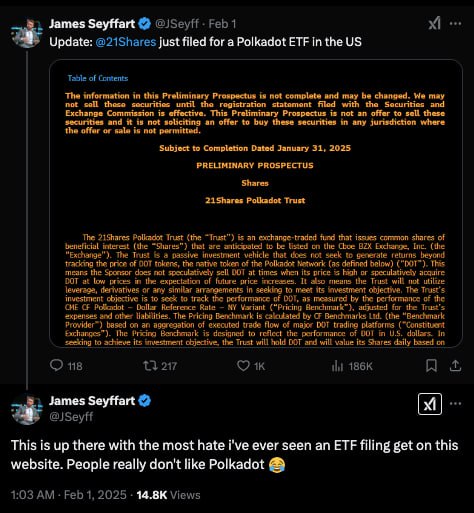 21Shares подала заявку на регистрацию спотового Polkadot-ETF. Согласно документам для SEC, фонд будет торговаться на Cboe BZX, а кастодианом выступит Coinbase Custody.  Биржевой аналитик Bloomberg Джеймс Сейффарт отметил, что сообщество оценило новый потенциальный продукт скептически.  «Это одна из самых критикуемых заявок на ETF, которую я видел на этом веб-сайте. Люди действительно не любят Polkadot. Просто скажу — рынок сам решит, в чем ценность, и есть ли она в запуске такого продукта. Если никто не вложит деньги в Polkadot-ETF — он закроется. Люди вольны запускать любые фонды, которые SEC разрешит», — отметил эксперт.   Сейффарт также добавил, что в Европе у 21Shares уже есть биржевой фонд на базе DOT, который торгуется с 2021 года.     Ранее аналитик оценил шансы появления торговых инструментов на основе Solana и XRP.  Новости   AI   YouTube