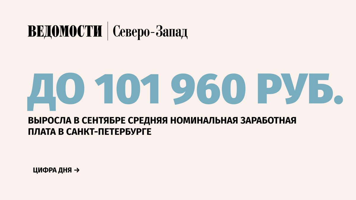 Средняя номинальная заработная плата  до вычета налогов  в Санкт-Петербурге, начисленная за сентябрь 2024 г., составила 101 960 руб., что на 11,6% больше по сравнению с аналогичным месяцем прошлого года. При этом реальная зарплата за год выросла на 3,2%, следует из отчета Петростата.   За год зарплаты в Петербурге выросли во всех видах экономической деятельности. Исключением стало складское хозяйство и вспомогательная транспортная деятельность – доходы в этой области за год уменьшились на 3% до 91 661 руб.   Сильнее всего в сентябре 2024 г. к сентябрю 2023 г. выросла средняя зарплата в сфере сельского, лесного хозяйства, охоты, рыболовства и рыбоводства – на 31,8% до 86 798 руб., социального обеспечения – на 22,4% до 92 062 руб., обрабатывающего производства – на 18,9%, составив 109 188 руб. Также за год на 18,8% зарплаты выросли в строительстве и составили 86 792 руб.   В Ленинградской области средняя номинальная зарплата, начисленная за сентябрь 2024 г., достигла 78 817 руб., увеличившись за год на 21%. Реальная зарплата же выросла на 12,7%. Наибольший рост доходов был зафиксирован в сфере деятельности водного транспорта – в 1,8 раз до 190 232 руб.    Подпишитесь на «Ведомости Северо-Запад»