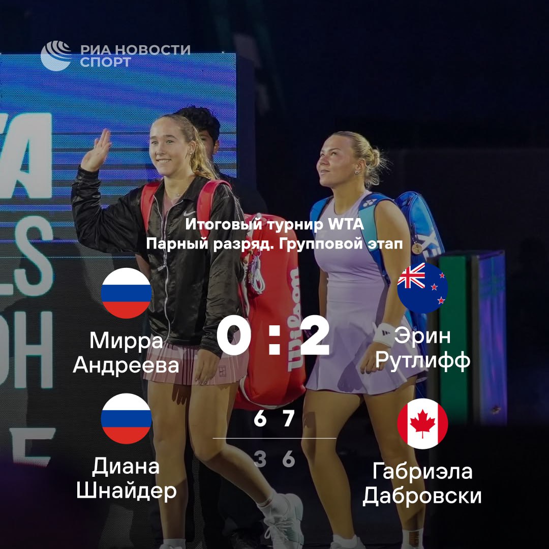 Мирра Андреева и Диана Шнайдер проиграли первый матч итогового турнира WTA Впереди еще две игры Подписывайтесь на РИА Новости Спорт в MAX