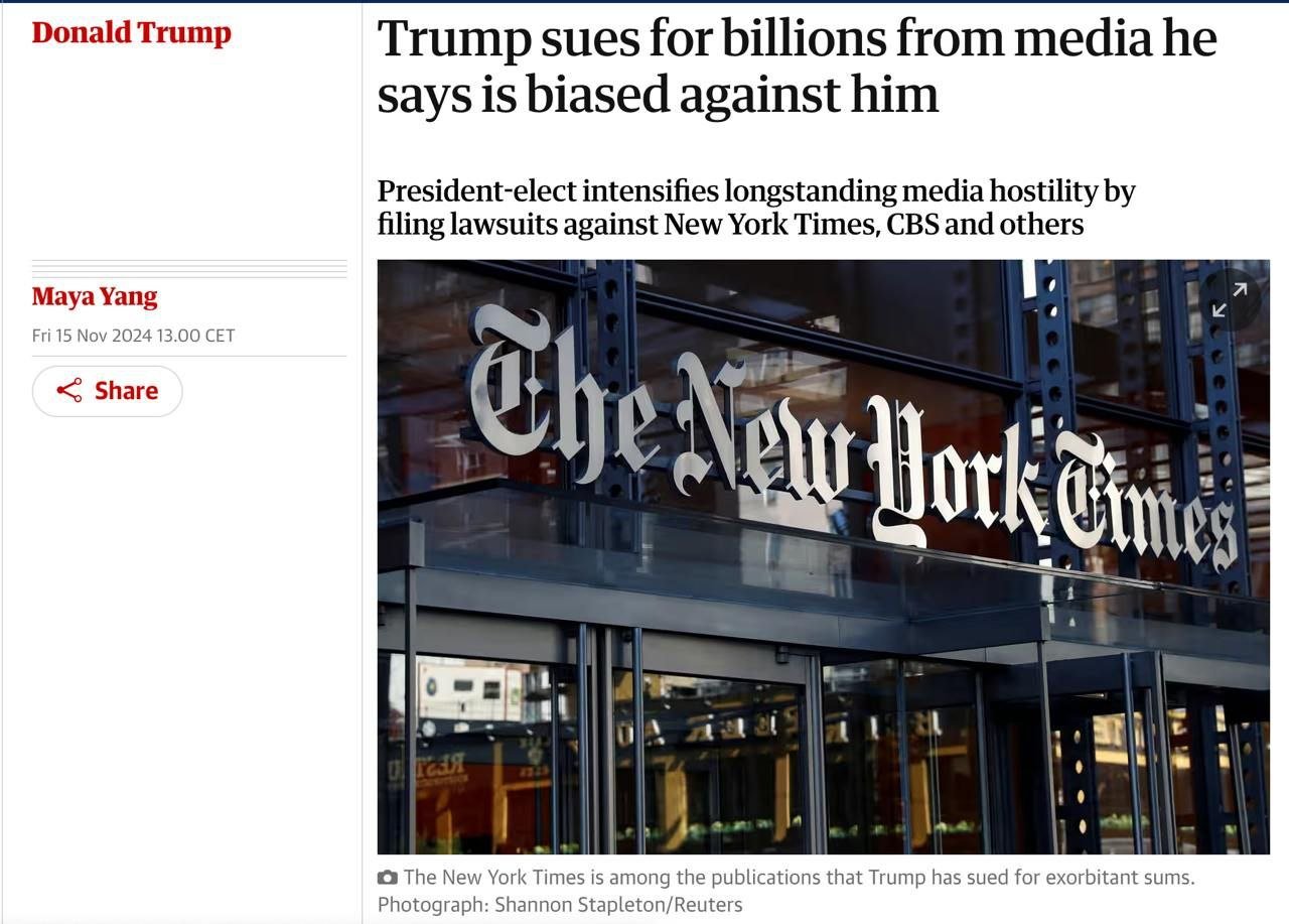 The Guardian: Трамп подал иски на миллиарды долларов против американских СМИ, обвиняя их в «предвзятом отношении» и «политической травле».  В частности, иски поданы против The New York Times, Penguin Random House, Daily Beast и CBS News.  С NYT и Penguin Random избранный президент требует возместить ущерб в размере 10 млрд долларов за статьи с критикой, называя их «ложными и клеветническими заявлениями». NYT Трамп считает «полноводным рупором демократической партии».  В иске упоминаются две конкретные статьи авторства Бюттнера и Крейга, относящиеся к их последней книге «Счастливый неудачник: как Дональд Трамп промотал состояние своего отца и создал иллюзию успеха». Также в письме указывается статья Бейкера от 20 октября под названием «Для Трампа целая жизнь скандалов приближает момент суда», а также на статью Шмидта от 22 октября под названием «Как приближаются выборы, Келли предупреждает, что Трамп будет править как диктатор», сообщает CJR.  Трамп обвиняет NYT в «намерении опорочить и унизить всемирно известный бренд Трампа, который потребители давно ассоциируют с совершенством, роскошью и успехом в сфере развлечений, гостеприимства и недвижимости, а также во многих других отраслях, а также в ложной и злонамеренной клевете и уничижении его как кандидата на высшую государственную должность в Соединенных Штатах».  CBS News Трамп обвиняет во «вмешательстве в выборы» посредством монтажа его интервью с Харрис от 7 октября.  Также он подал жалобу в Федеральную избирательную комиссию на газету Washington Post, обвинив ее в незаконных пожертвованиях на кампанию Харриса.  Комитет по защите журналистов назвал угрозы Трампа в адрес прессы «явной и прямой опасностью для свободы СМИ».  НАШИ РЕСУРСЫ:   Telegram   Tik-tok   YouTube   RUTUBE