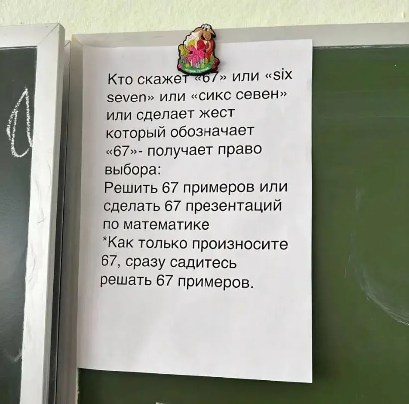 Инициатором запрета цифры 67 в пермской школе оказался учитель Таким образом математик отреагировал на бурные эмоции учеников по поводу этого числа Как рассказали изданию Подъём в пресс службе департамента образования администрации города речи о реальном запрете произносить шесть семь 67 или six seven ставшими мемами у подростков в этой или других школах Перми не идёт Учитель таким образом пытался поддержать дисциплину на уроке школьники проявили бурные эмоции при виде числа решая задачу на уроке математики Стоит отметить что педагог спокойно и с юмором отреагировал на ситуацию Чтобы снять напряжение на уроке он повесил объявление Ситуация взята на контроль администрацией образовательного учреждения с классом проведены профилактические беседы Пришлось ли кому то в наказание решать 67 примеров в департаменте не уточнили Подписывайтесь на Подъём в MAX и Telegram