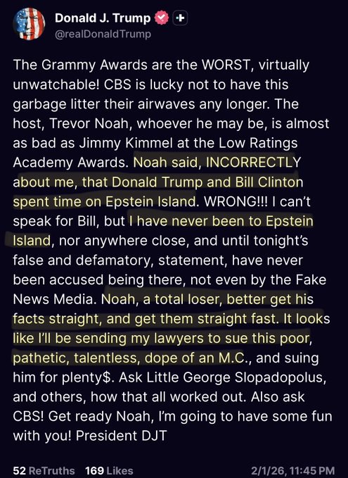 Я никогда не был на острове Эпштейна и даже близко к нему Трамп взорвался гневной тирадой и пообещал засудить ведущего премии Грэмми Тревора Ноа за шутку Ноа высказался что Трамп мол хочет Гренландию потому что острова Эпштейна где тот тусовался с Клинтоном больше нет Президент пообещал отсудить у жалкого и бездарного комедианта кучу денег sobolevtam