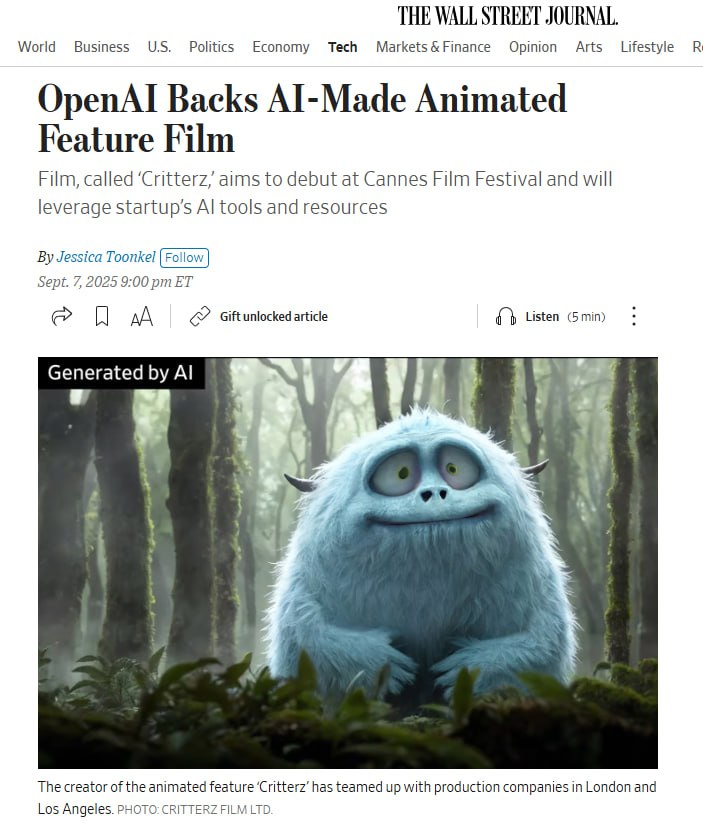 WSJ ИИ против Голливуда OpenAI создает первый полнометражный мультфильм OpenAI хочет доказать что генеративный искусственный интеллект способен снимать фильмы быстрее и дешевле чем Голливуд Компания предоставила свои инструменты и ресурсы для создания полнометражного анимационного фильма который планируется выпустить в кинотеатрах по всему миру в следующем году Фильм Critterz расскажет о лесных существах которые отправляются в приключение после того как их деревня оказывается под угрозой Его придумал креативный специалист OpenAI Чад Нельсон начавший разрабатывать персонажей ещё три года назад с помощью инструмента DALL E Нельсон работает с продакшн компаниями в Лондоне и Лос Анджелесе По словам сооснователя Vertigo Films Джеймса Ричардсона проект хотят реализовать за девять месяцев вместо трёх лет Бюджет фильма составит менее 30 млн голоса озвучат актёры а художники подготовят эскизы которые будут обработаны инструментами OpenAI включая GPT 5 Развлекательные компании вроде Disney и Netflix также экспериментируют с ИИ но осторожно они опасаются реакции актёров и сценаристов а также проблем с авторскими правами В июне Disney и Universal подали в суд на Midjourney обвинив её в копировании их объектов а Warner Bros Discovery инициировала аналогичный иск Сценарий Critterz написали участники команды работавшей над Paddington in Peru Производство уже началось финансирование обеспечивает Federation Studios владелец Vertigo Примерно 30 участников проекта смогут рассчитывать на долю в прибыли OpenAI надеется что успех фильма покажет ИИ способен создавать контент для большого экрана и удешевлять процесс Использование человеческих голосов и рисунков делает фильм потенциально защищённым авторским правом Первоначально Critterz задумывался как короткометражка дебютировавшая в 2023 году при поддержке OpenAI Тем не менее выпуск оригинального анимационного фильма в прокат рискованная ставка пока неизвестно будут ли зрители готовы платить за него Дистрибьютор тоже пока не найден perforum io news t ai and daily life