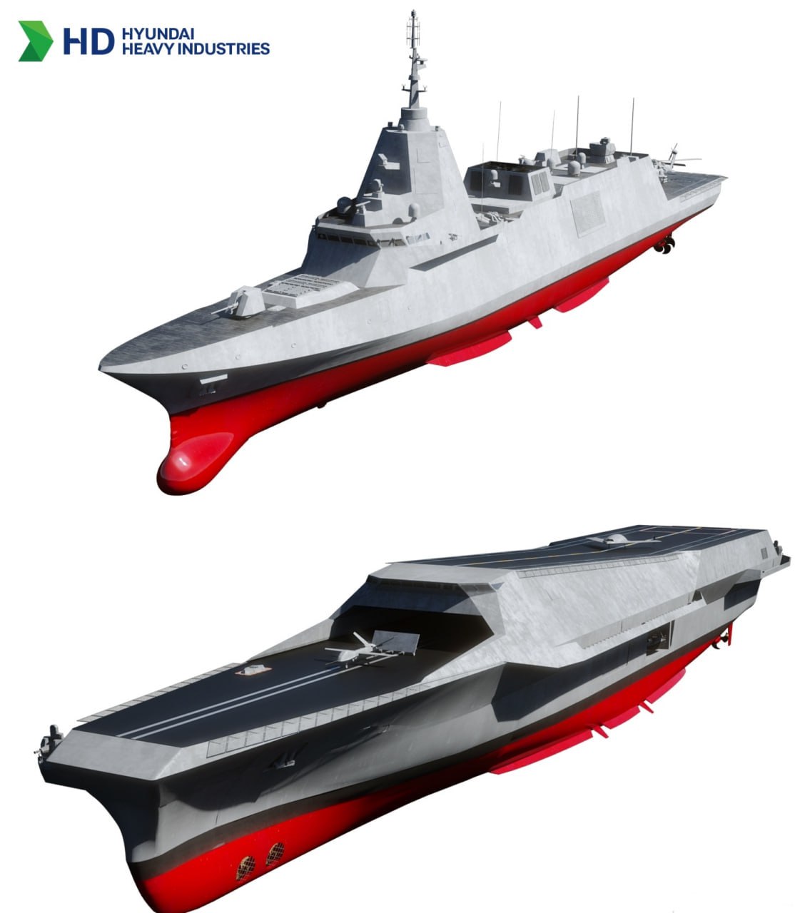 Южнокорейская компания HD Hyundai Heavy Industries представит фрегат HDF-6000 водоизмещением 6500 тонн вверху и будущий беспилотный авианосец HCX-23Plus внизу , предназначенный для экспорта, на Международной выставке морской обороны MADEX 2025 , которая пройдет в районе города Пусан с 28 по 31 мая 2025 года.