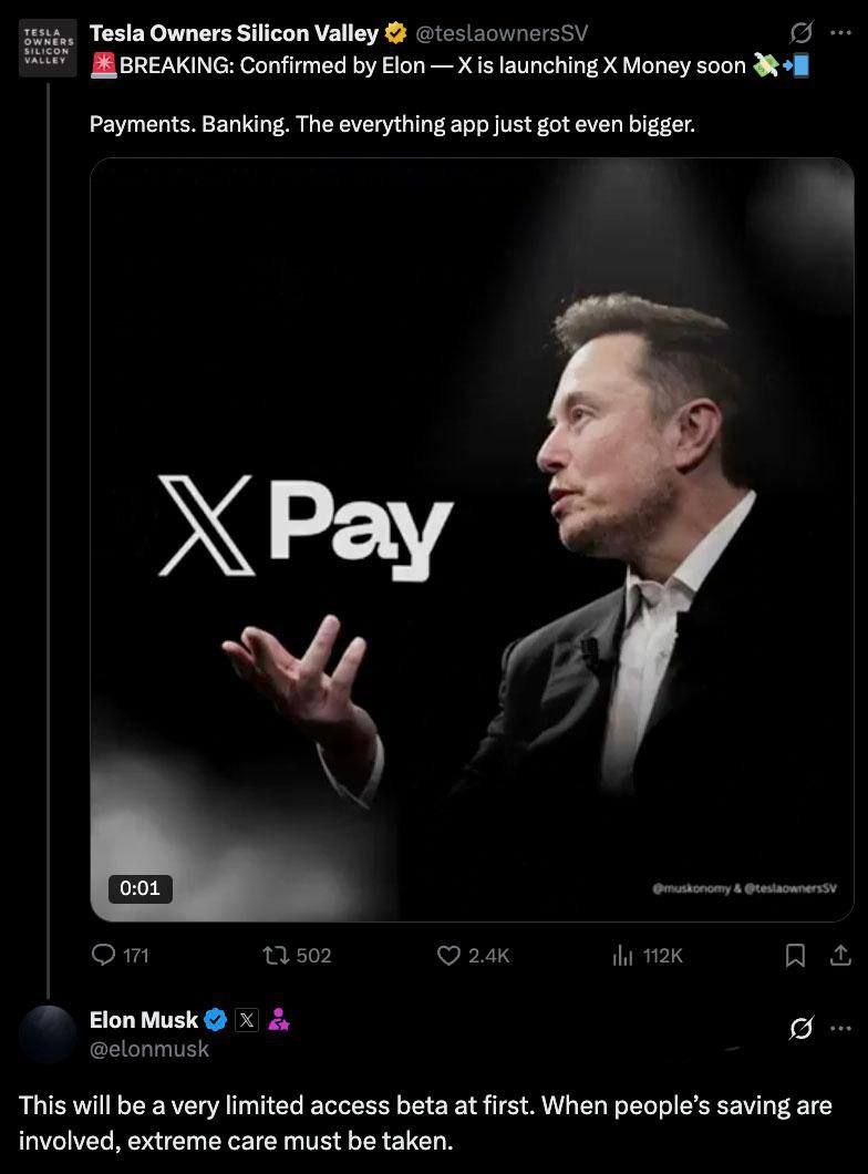 В Twitter скоро запустят платежный сервис «X Money» – Илон Маск «Сначала будет ограниченный доступ к бета-версии X Money. Когда речь идет о сбережениях людей, нужно проявлять крайнюю осторожность». Ранее: аналог китайского WeChat Crypto Headlines