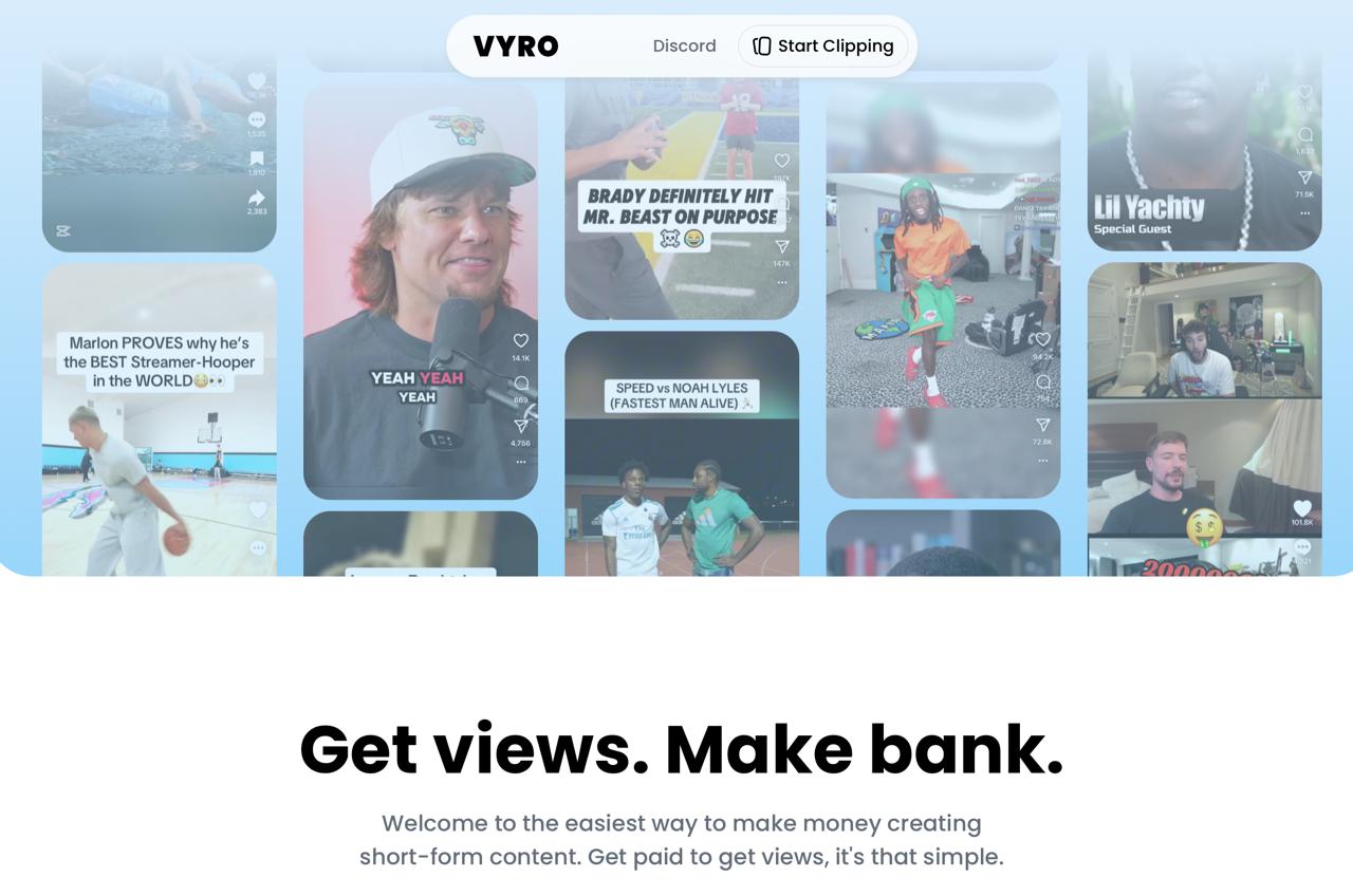 MrBeast запустил платформу Vyro место где можно зарабатывать на нарезках чужих видео Схема простая блогер заказывает клипы клипер режет и выкладывает их у себя а платформа считает просмотры и платит по 3 за тысячу просмотров что выше средних ставок YouTube Пока заказчик один сам мистер MrBeast