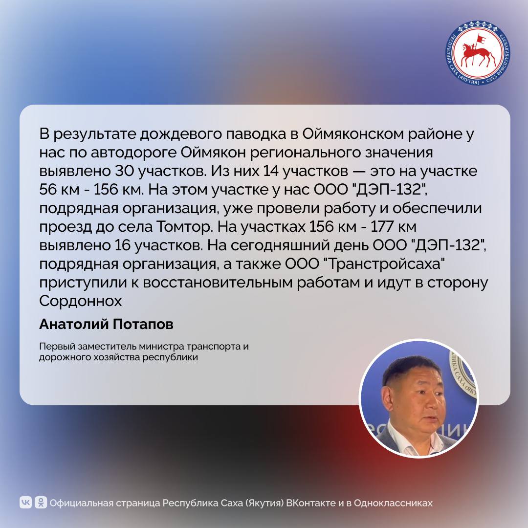 В Оймяконском районе Республики Саха Якутия продолжаются восстановительные работы на автодорогах, пострадавших в результате дождевого паводка. Об этом сообщил первый заместитель министра транспорта и дорожного хозяйства республики Анатолий Потапов на брифинге. Размывы также зафиксированы между Томтором и Куйдусуном — до автозаправочной станции. Временный проезд на данном отрезке уже организован, завершение работ запланировано на ближайшее время. “Также у нас есть размытые участки до села Оймякон — это между Томтором и Оймяконом, порядка 50 километров, где повреждены 21 участок дорожного полотна. На сегодняшний день к работам уже приступила подрядная организация ИП Гарифулина М.В. с двух сторон — со стороны Оймякона и Томтора. На сегодняшний день восстановительные работы продолжаются, и до субботы мы дадим временный проезд до Оймякона, чтобы завести продукты питания, товары первой необходимости, а также те бригады, которые направляются с наших районов на восстановление подтопленных домов”, — сказал Потапов. #ПравительствоЯкутии