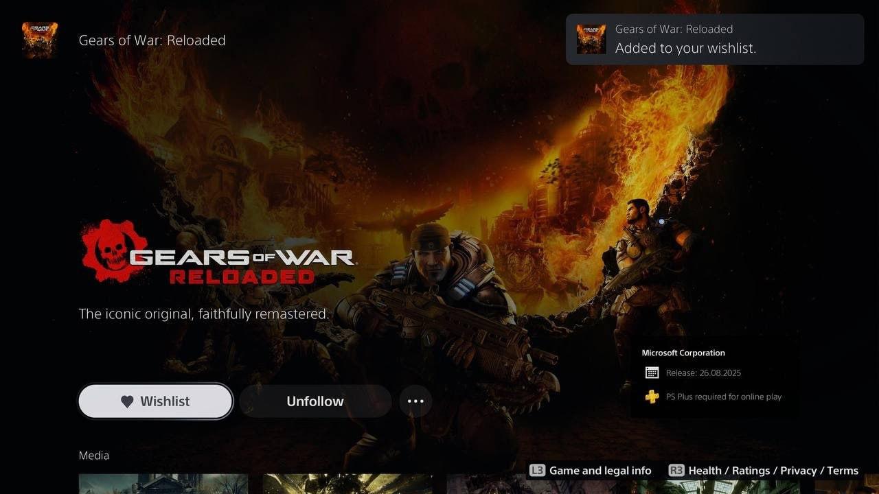 Переиздание Gears of War Reloaded выйдет на PlayStation 5 Переиздание первой части выйдет с мультиплеером, а стоить будет лишь 40 долларов. Обещают 4K при 60 FPS, а в онлайн режимах до 120 FPS. Релиз запланирован на 26 августа 2025 года.