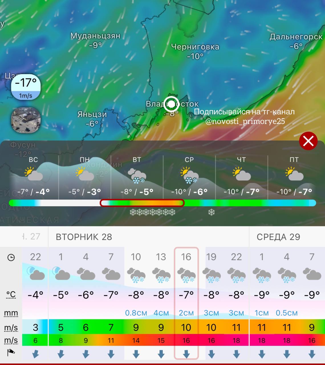 Снежный вторник ожидает жителей Приморья. Во Владивостоке может выпасть до 15 см снега    В начале следующей недели синоптическая обстановка на юге Дальневосточного региона ожидается нестабильной, погода в Приморском крае — переменчивой.  Понедельник облачный, но погода простоит без осадков. Температура воздуха ночью -5…-8 °С, днем 0…-3 °С.   Во вторник временами снег различной интенсивности, к вечеру возможно усиление снега, на дорогах осложнится обстановка, температура в течение суток -3…-8 °С.  В ночь на среду снег закончится, задует сильный северный ветер. Ночью похолодает до -7…-10 °С, днем потеплеет до -4…-6 °С.