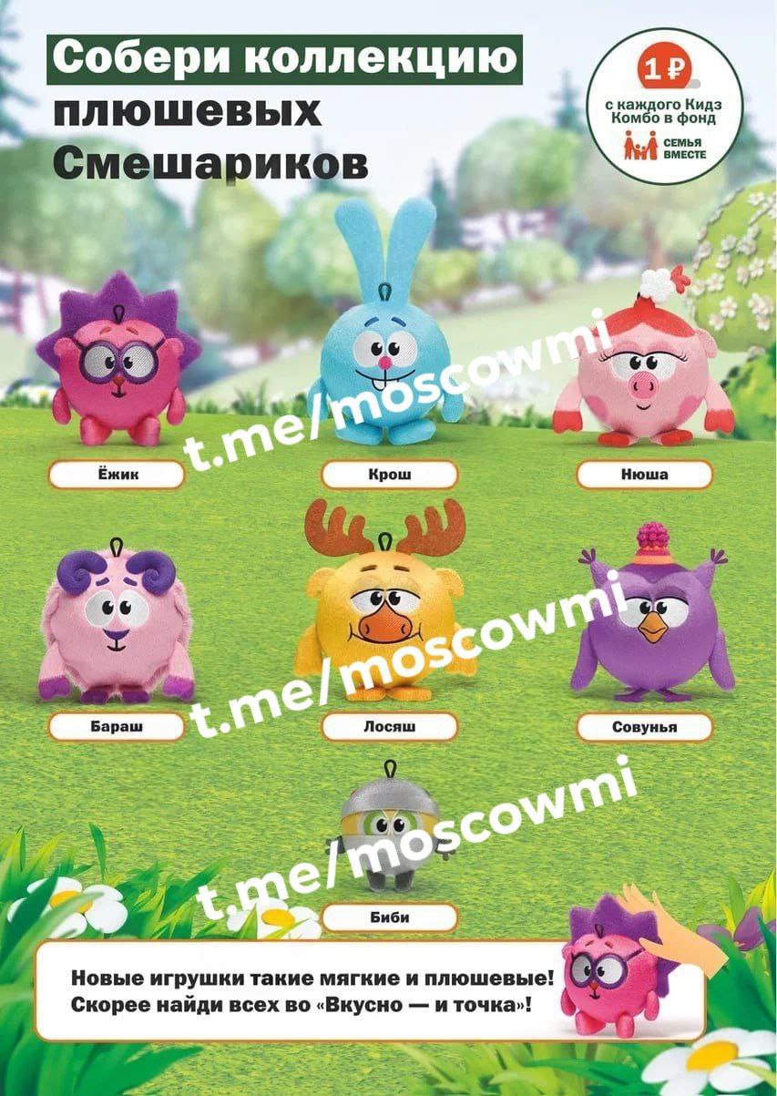 Смешарики появятся во «Вкусно — и точка» в конце мая. Мягкие игрушки будут завозить постепенно: сначала Кроша, Лосяша, Бараша и Биби, а потом Ёжика, Нюшу и Совунью.