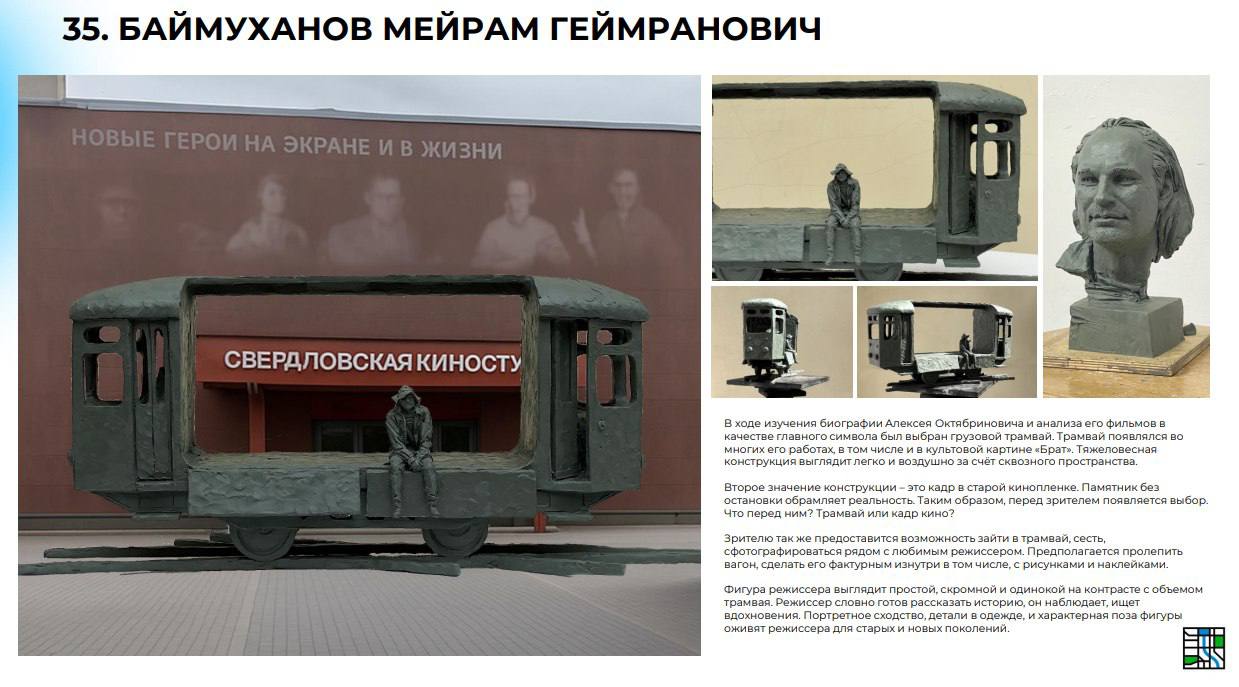 В Екатеринбурге выбрали эскизный проект и изменили место для памятника Алексею Балабанову  Победителем конкурса стал скульптор родом из Омска Мейрам Баймуханов, который предложил изобразить режиссёра сидящим в трамвае из фильма «Брат».  Согласно условиям конкурса, Баймуханов получит премию 500 тысяч рублей, а остальные финалисты конкурса получат по 50 тысяч.  Конкурс удалось провести лишь со второго раза — при первой попытке членам жюри и близким известного режиссёра все эскизы показались недоработанными. Тогда эскизы раскритиковал и друг Алексея Балабанова по Свердловскому рок-клубу Вячеслав Бутусов.  Мейрам Баймуханов, победивший в конкурсе, уже выступил автором ряда памятников в российских городах — по его проекту была установлена мемориальная доска Кемелю Токаеву  отцу действующего президента Казахстана  в Омске, её открывал хорошо известный свердловчанам губернатор Омской области Александр Бурков. В том же Омске по проекту Баймуханова поставили памятник живописцу Амангельды Шакенову.   В Санкт-Петербурге, где сейчас проживает Баймуханов, он выступил автором памятника пожарным. В начале этого года его работа «Три богатыря XXI века» стала победителем конкурса памятников участникам боевых действий в Украине, её планируют установить в городе Кудрово Ленинградской области.  Установка памятника Балабанову в Екатеринбурге — важный шаг для сохранения культурного наследия: режиссёр не только внёс огромный вклад в российское кино, но и стал частью уральской творческой среды. — пишет член жюри, директор Главархитектуры Екатеринбурга Руслан Габдрахманов.  При этом место размещения памятника решили изменить — если раньше его планировалось установить у входа в Свердловскую киностудию на улице Кузнечной, то сейчас в мэрии заявили, что памятник появится у Дворца молодёжи — неподалёку от гимназии №2, где учился Балабанов  там уже есть мемориальная доска режиссёру .   Памятник планируют открыть к 18 мая 2026 года — годовщине смерти режиссёра.   Идея установки памятника Балабанову в Екатеринбурге, напомним, была озвучена на заседании Совета неравнодушных 1 августа 2024 года.  Фото: телеграм-канал Руслана Габдрахманова  Телеграм-канал   Поддержать Подписаться Прислать новость 18+