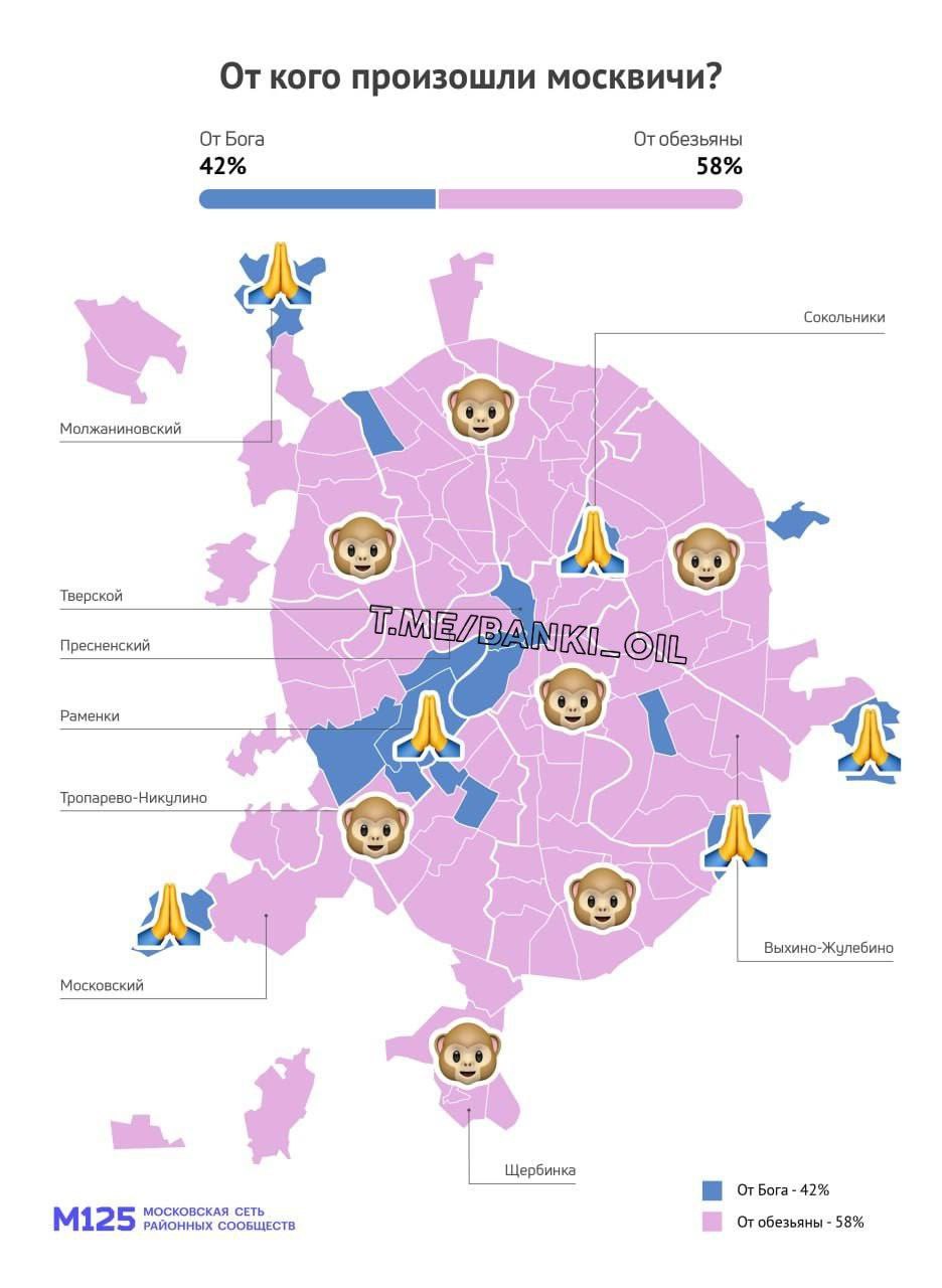 Каждый второй москвич считает, что произошёл от обезьяны, показал опрос. В божественную версию происхождения человека верят жители Тверского района, Хамовников, Капотни и Сокольников. Больше других этой теории придерживаются жители Арбата  69% .