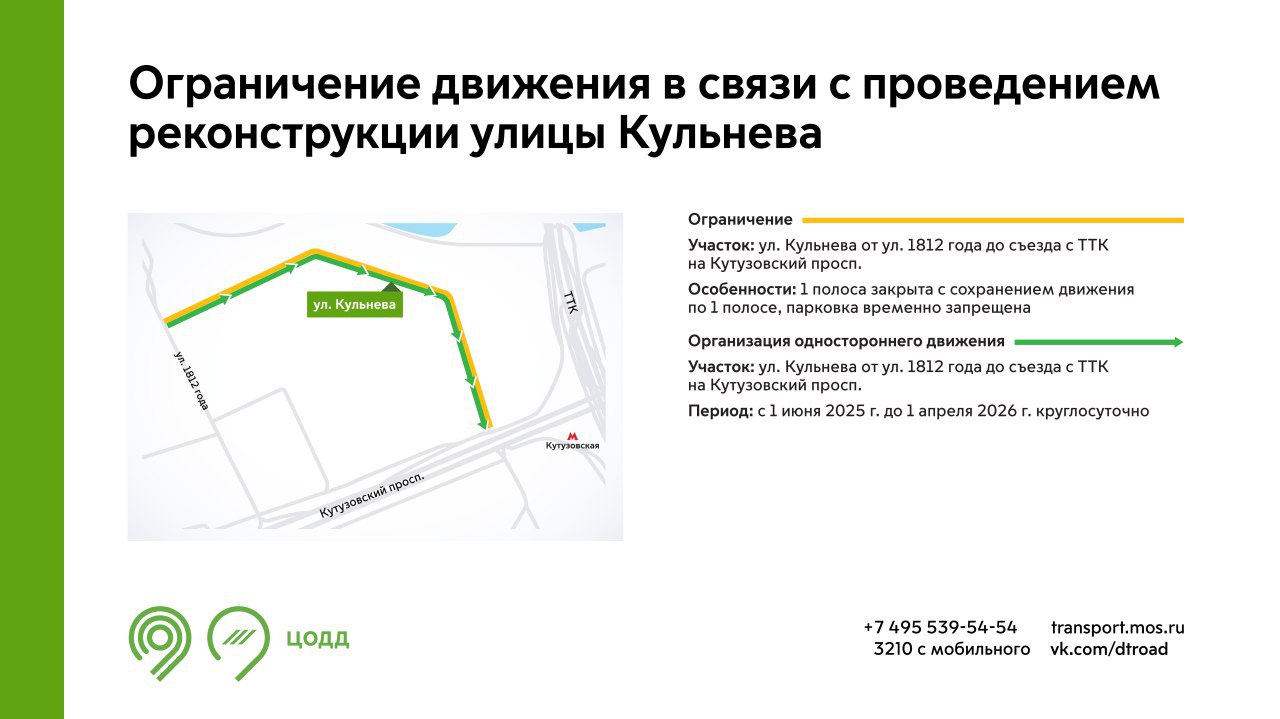 С 1 июня 2025 г. до 1 апреля 2026 г. на участке улицы Кульнева будет недоступна для движения 1 полоса. Это связано с проведением реконструкции улицы. Также на участке ограничения будет временно запрещена парковка и организовано одностороннее движение. Обращайте внимание на знаки. Подробнее – на инфографике