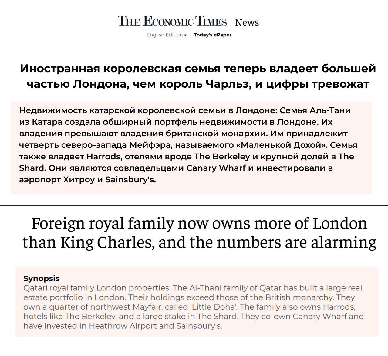 СМИ Эмир Катара и его родственники контролируют большую часть Лондона болтше чем британская королевская семья Все учтённые объекты Аль Тани принадлежат им напрямую Стоимость этой недвижимости оценивается в 2 4 млрд из которых около 1 6 млрд приходится на самого Тамима бин Хамада Аль Тани В одном только районе Северного Мейфэра известном как Маленькая Доха катарцам принадлежит примерно четверть зданий Среди них особняк стоимостью около 400 млн Аль Тани приобрели в Лондоне около 167 тысяч м² недвижимости что немного превышает совокупную площадь резиденций королевской семьи При этом владения Виндзоров не являются их частной собственностью и управляются государством через Crown Estate