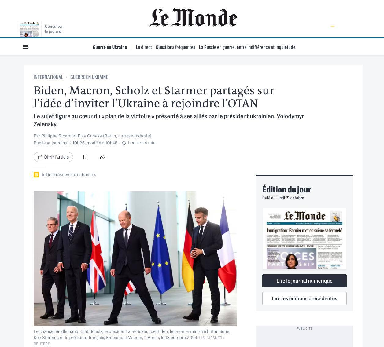 Le Monde: США готовы пригласить Украину в НАТО  Джо Байден в пятницу в Берлине обсудил с лидерами Германии, Франции и Великобритании Олафом Шольцем, Эммануэлем Макроном и Киром Стармером «план победы», представленный Владимиром Зеленским. У США, которые вместе с Германией блокировали шаги по принятию Украины в НАТО, больше не осталось принципиальных возражений против простого приглашения Киева в альянс, пишет Le Monde со ссылкой на источники в статье по итогам встречи.  Источник газеты из числа европейских дипломатов отметил, что в случае, если на американских президентских выборах победит Камала Харрис, можно предположить, что Джо Байден начнет работу по приглашению Украины уже в переходный период.   Несколько источников Le Monde считают, что изменение позиции Вашингтона может привести и к соответствующим изменениям в позиции Берлина, который тоже выступает против включения Украины в альянс.  При этом лидеры США, Германии, Франции и Великобритании не могут решить опрос о приглашении Украины в НАТО вчетвером, подчеркивает газета. Для этого нужна более широкая поддержка членов альянса, а Турция и Венгрия, скорее всего, выступят против любого быстрого сближения Киева с альянсом, уточняет газета.  Украина была главной темой на встрече четырех лидеров в Германии, отмечает Le Monde. Главы государств стремились скоординировать свои ответы на «план победы».  Это амбициозный план, ставящий сложные вопросы, по которым нет спонтанного совпадения мнений —  сказал газете один из источников среди дипломатов.  Еще один касающийся «плана победы» вопрос, который обсуждали лидеры в Берлине — удары по территории России дальнобойным оружием западного производства. США и Германия хотят ограничить риск эскалации, в то время как Франция и Великобритания настроены более решительно, пишет газета. Лидеры сошлись на том, что дальнобойных ударов может быть недостаточно для кардинального изменения ситуации на фронте. Однако к совместному решению главы государств не пришли, и оно не будет достигнуто до американских президентских выборов, пишет Le Monde.    Подписаться   Прислать новость